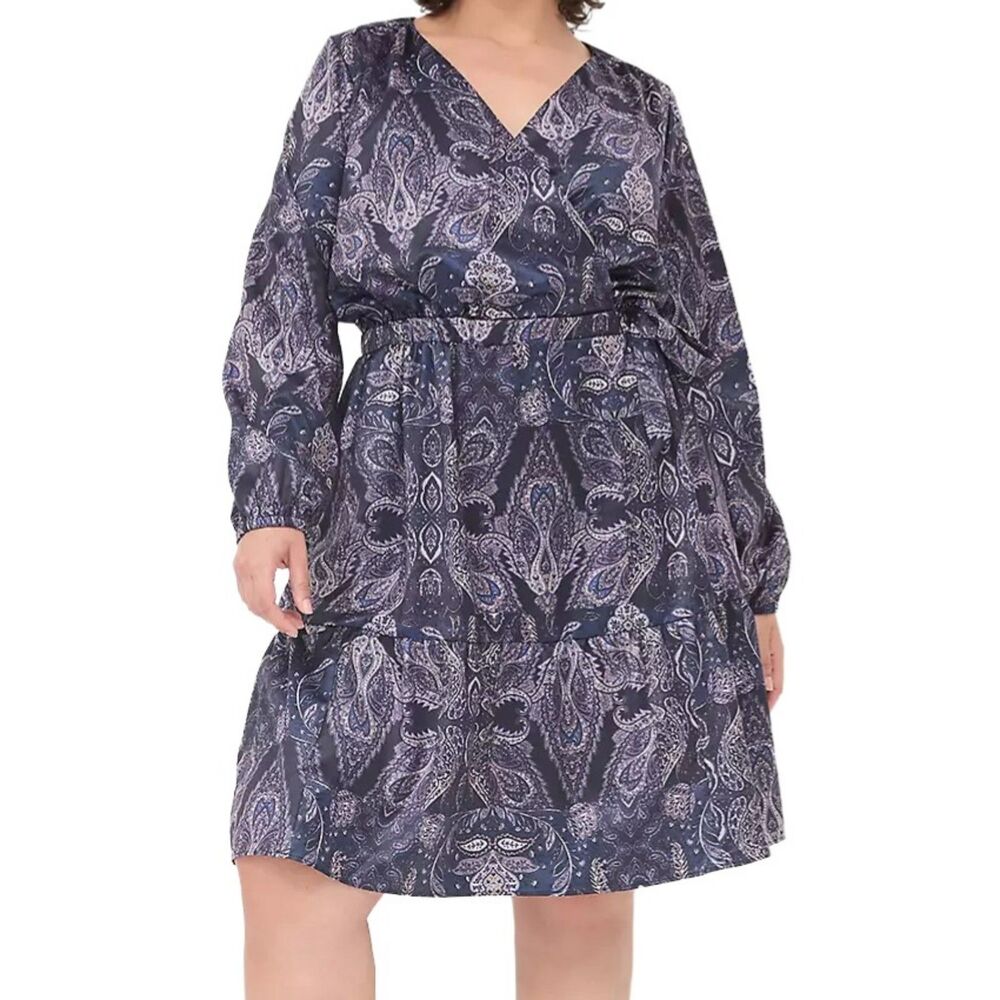 NWT Lane Bryant Plus Size 24 Faux Wrap Satin Paisley Dress Long Sleeve